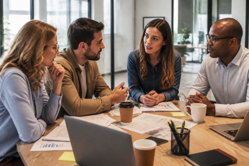Marketing team collaborating around a conference table with laptops, strategy documents, and coffee cups in a bright modern office, discussing campaign metrics and quarterly planning