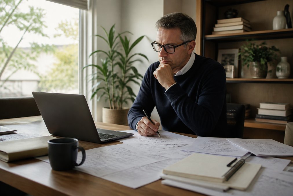 Business professional in business casual attire reviewing marketing analytics dashboard on laptop and handwritten strategy notes spread across a modern desk, with coffee cup and notebook visible, in natural window lighting