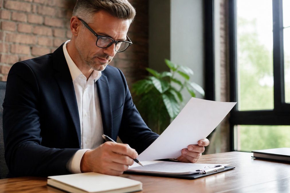 Professional in business attire carefully reviewing a contract document at a desk with pen and notepad, natural office lighting streaming through window