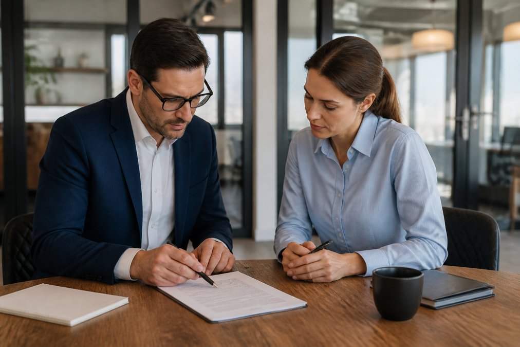 Business professionals reviewing a fractional CMO contract together at a desk in a modern office.
