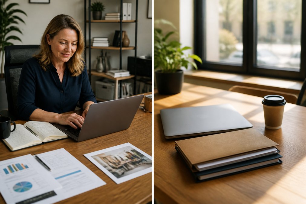 Marketing professional in modern office working at laptop with strategic marketing materials, whiteboards with campaign plans, and team collaboration happening in background