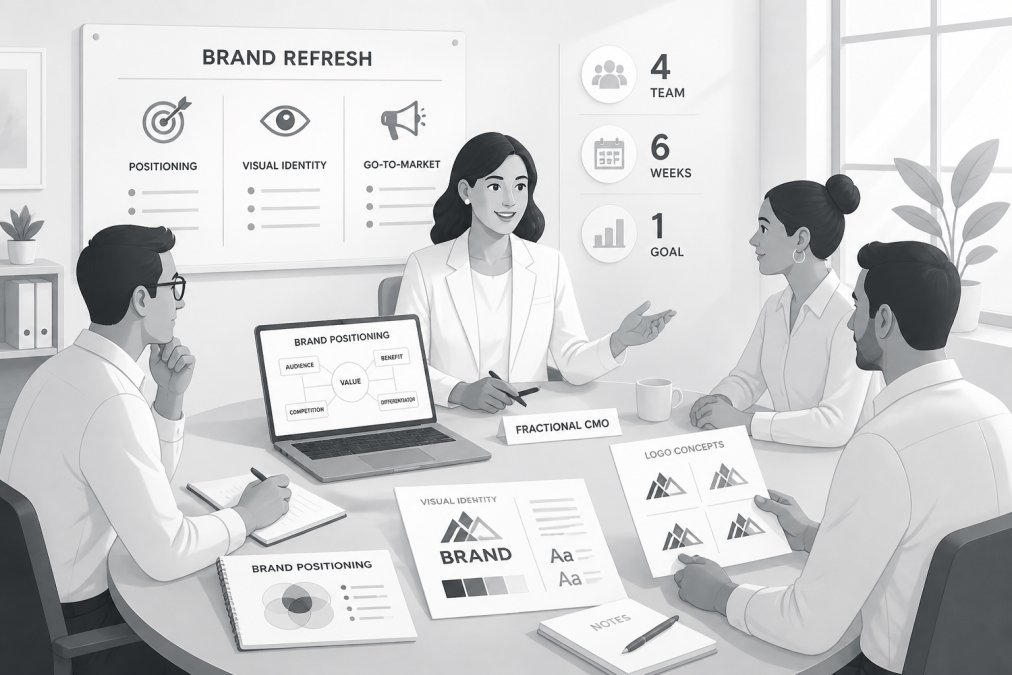 Fractional CMO leading collaborative strategy session with small business team around conference table, reviewing brand positioning documents and visual identity mockups on laptop, natural office lighting