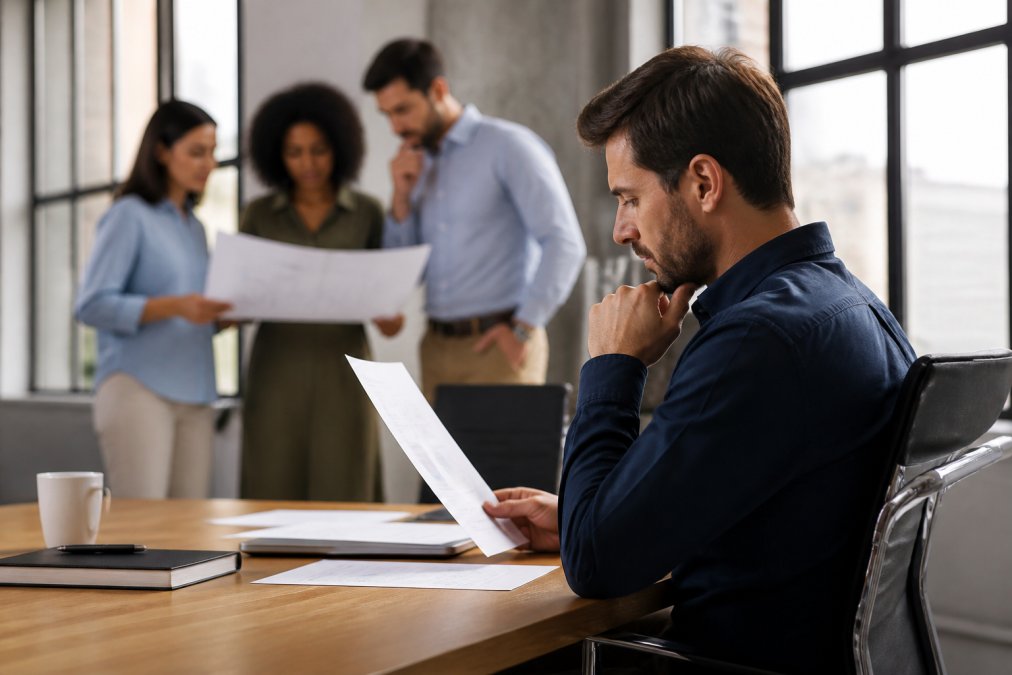 Marketing professional analyzing rebranding performance metrics on multiple monitors in modern office, with team members collaborating and reviewing dashboards in background, professional lighting