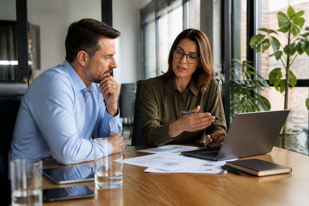 Mid-market company founder and fractional CMO collaborating on marketing strategy via video call, reviewing documents on laptop in modern office with natural lighting