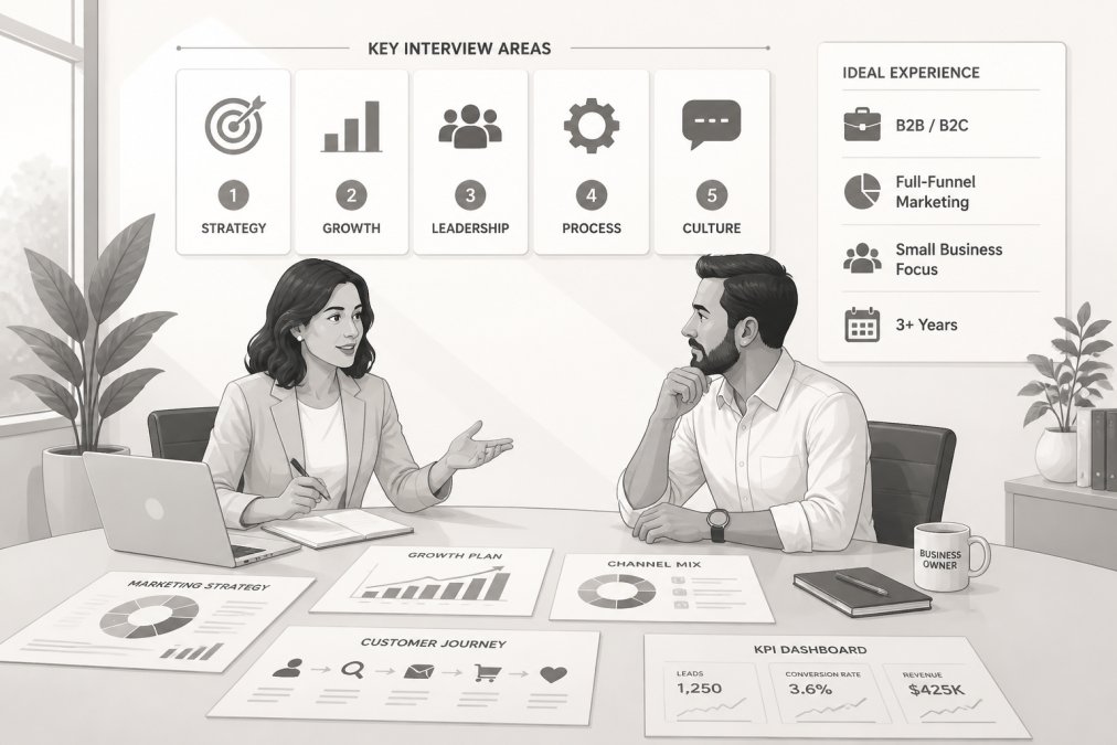 Business owner and fractional CMO having a strategic planning conversation at a conference table with marketing documents and laptop visible, natural office lighting