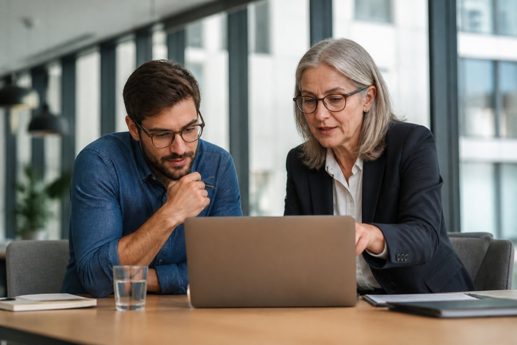 A startup founder and a senior marketing executive reviewing growth metrics on a laptop in a modern, bright office with large windows