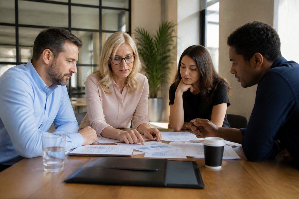 Fractional CMO and internal marketing team collaborating at conference table, reviewing strategy documents and performance dashboards on multiple monitors in modern office with natural lighting