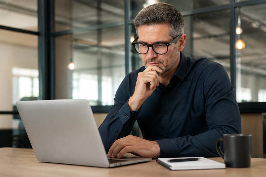 Business leader reviewing performance metrics on laptop screen in modern office, with coffee cup and notepad visible, looking focused and engaged