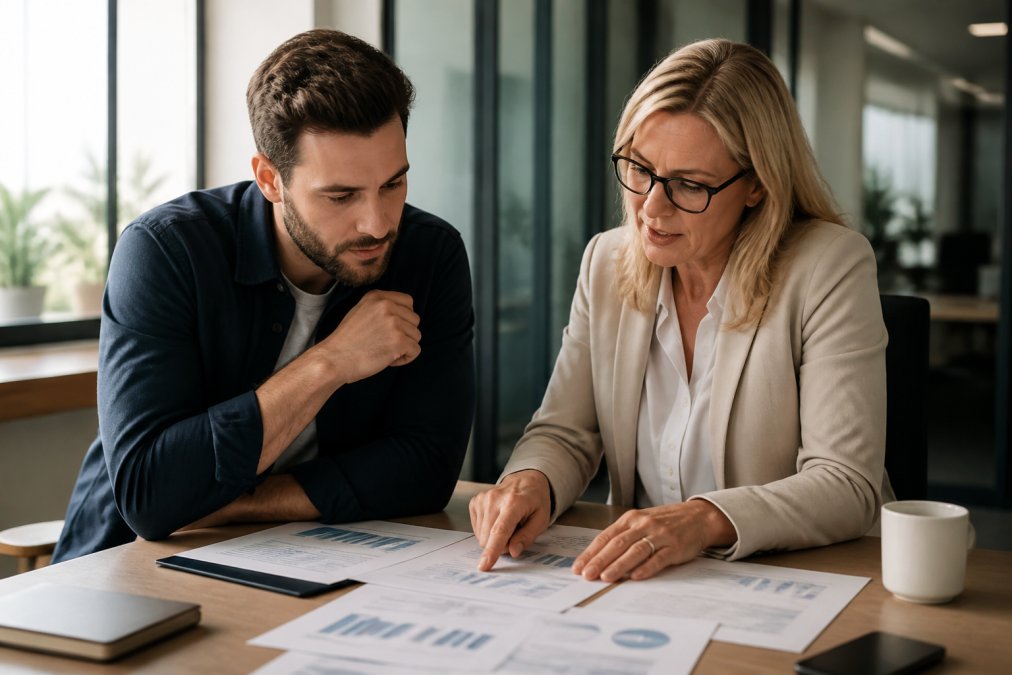 Startup founder and fractional CMO collaborating at desk reviewing marketing strategy documents and analytics on laptop, natural office lighting