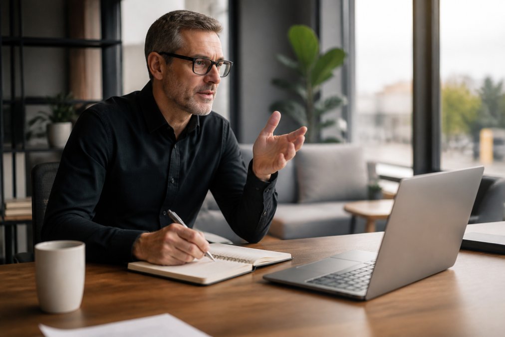 Professional conducting video interview with candidate, taking notes on notepad with focused expression in modern office setting