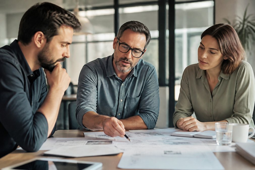 Experienced marketing leader in business casual attire reviewing strategy documents with team members in a modern office, pointing at insights on a laptop screen