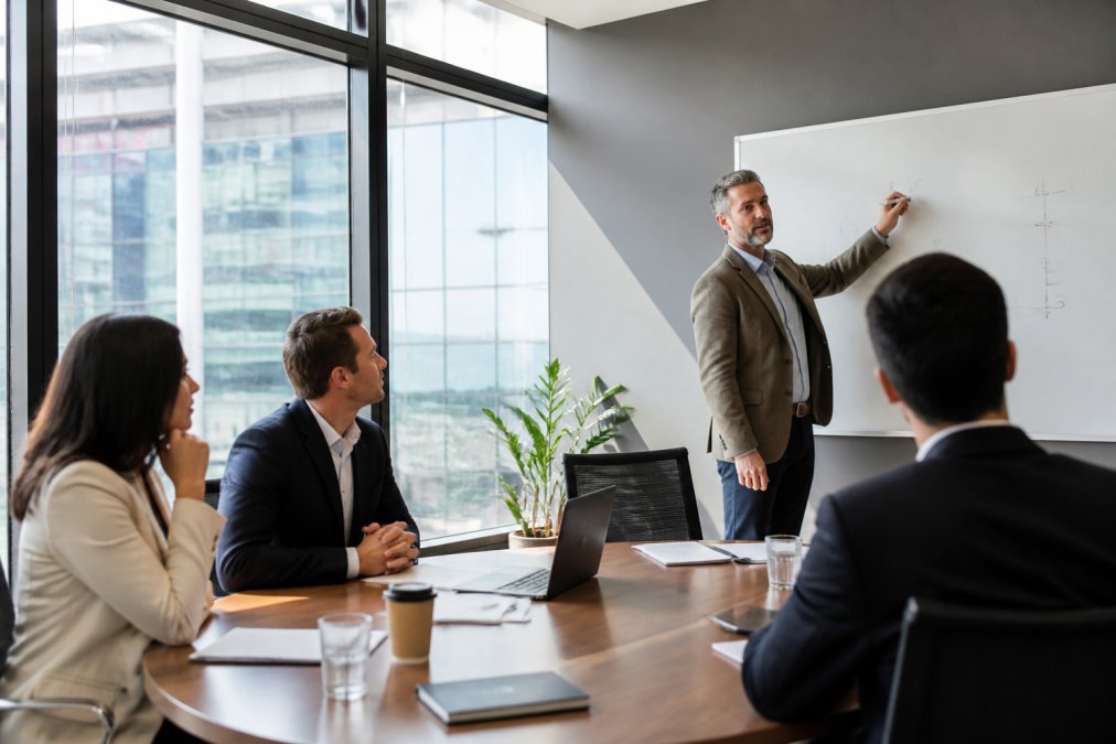 A senior marketing professional presenting a strategic marketing roadmap on a whiteboard to a small executive team in a modern conference room, afternoon natural light streaming through floor-to-ceiling windows