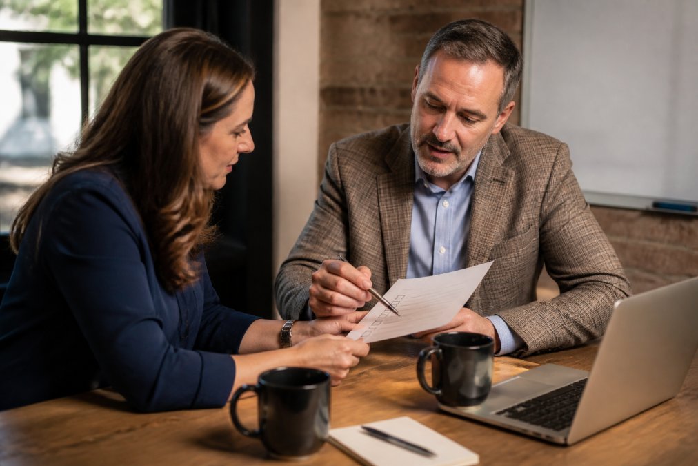 A business owner and marketing consultant sitting across a desk, reviewing a printed checklist together, a laptop open and two coffee mugs nearby, warm office lighting