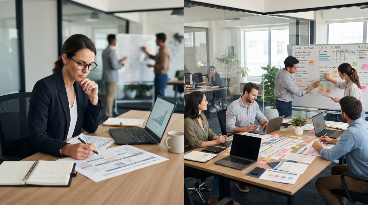Marketing director in modern office reviewing strategic roadmap on laptop while team members collaborate on whiteboard in background, natural light from large windows