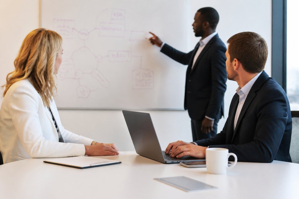 Two business professionals in a modern office, one reviewing a strategic roadmap on a whiteboard while the other analyzes data on a laptop, conveying collaborative planning and executive oversight