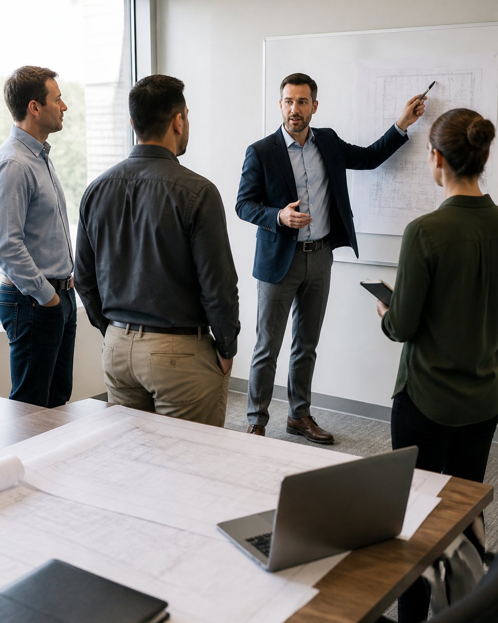 Executive presenting a fractional facility management roadmap to operations managers in a meeting room