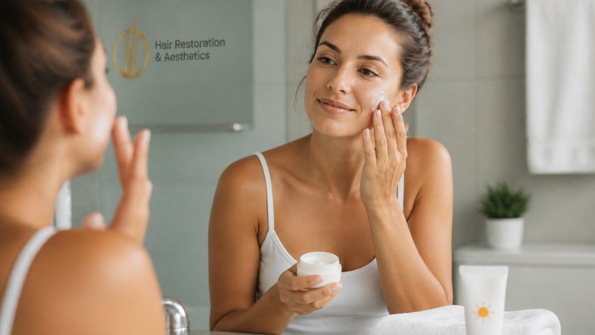 A woman in a bright bathroom gently applying a soothing moisturizer to her face after a skin treatment, with a bottle of sunscreen and a soft towel on the counter nearby