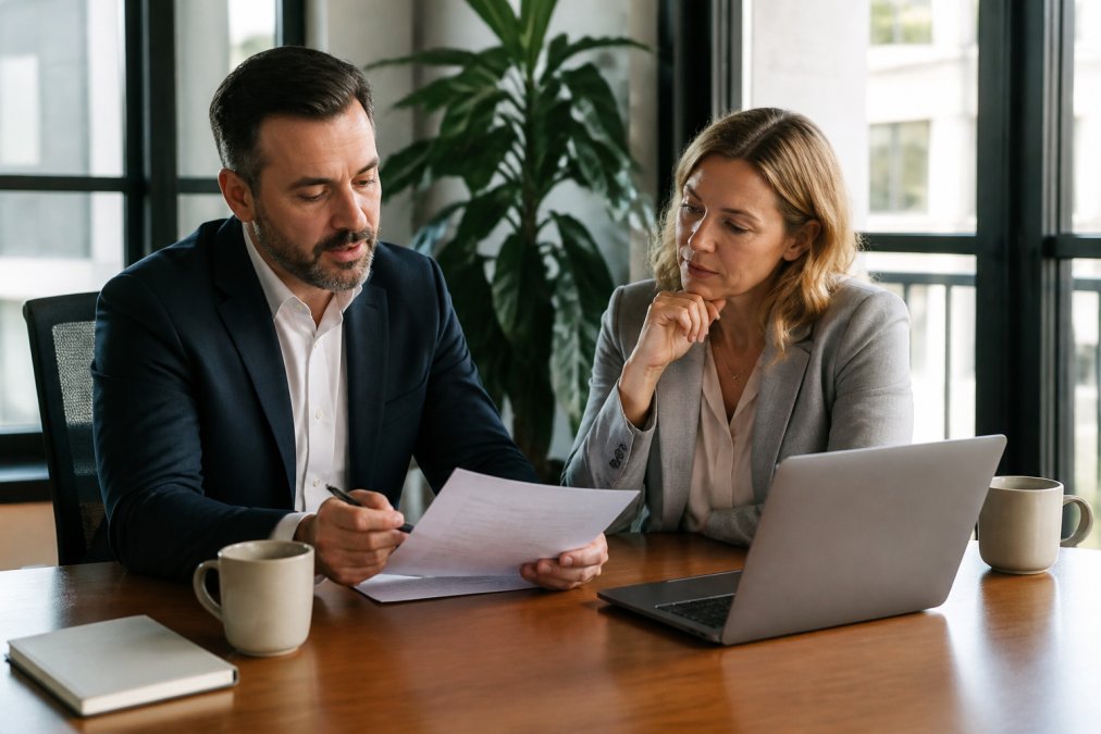 A marketing consultant and business owner reviewing a printed pricing proposal across a conference table in a bright modern office, laptop and coffee cups nearby