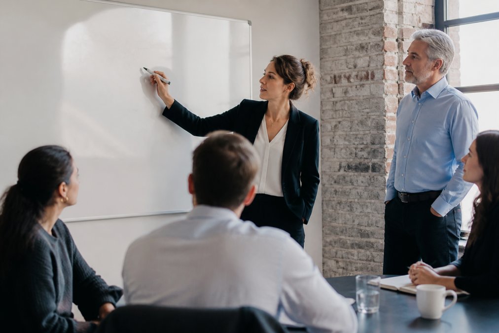 Professional services team reviewing sales pipeline metrics on a whiteboard while weighing fractional sales vs full time