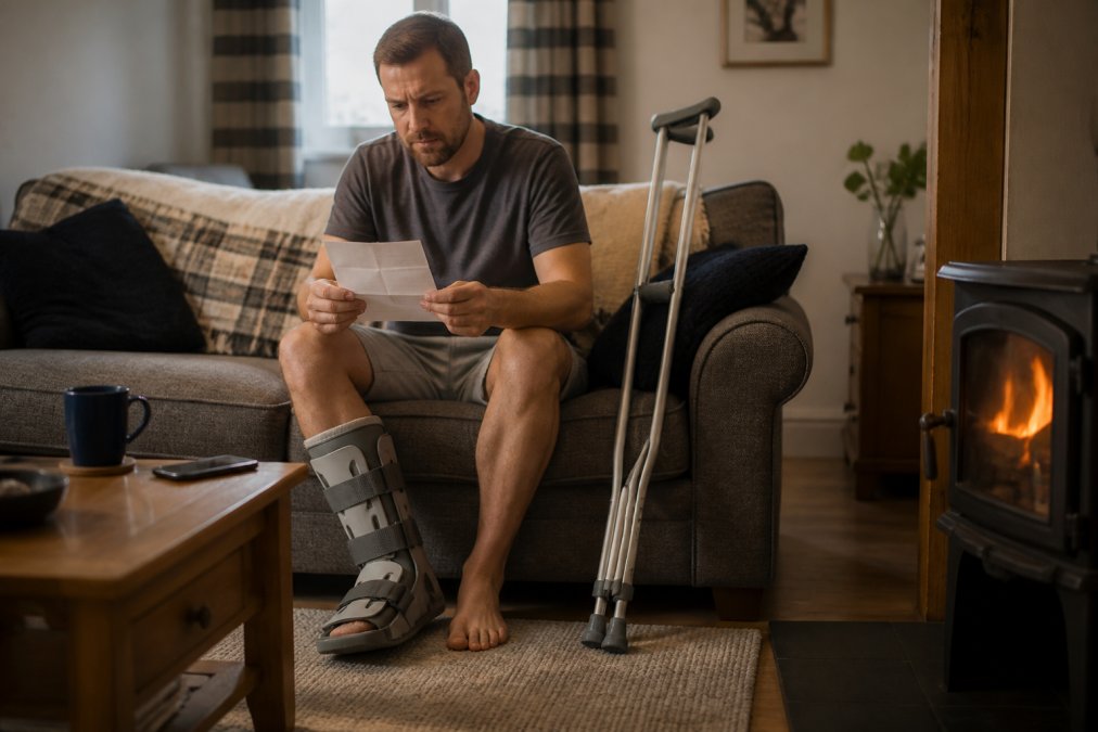 A person in a walking boot with crutches, sitting on a sofa at home in Scotland, looking at paperwork with a concerned expression
