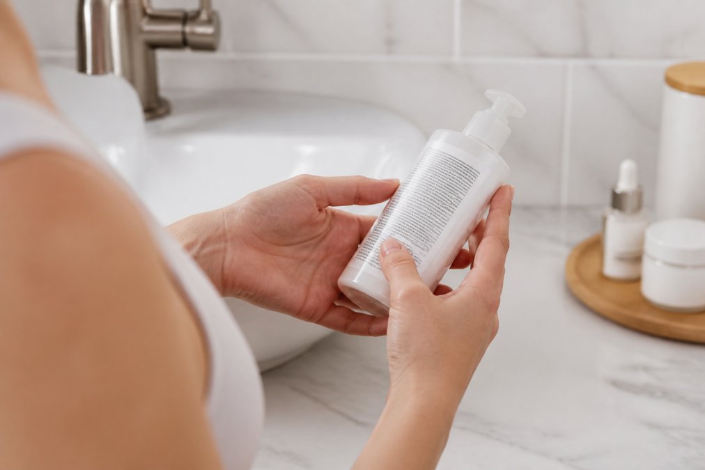 Close-up of a person's hands holding a skincare bottle, reading the ingredient list on the back label in a bright bathroom setting