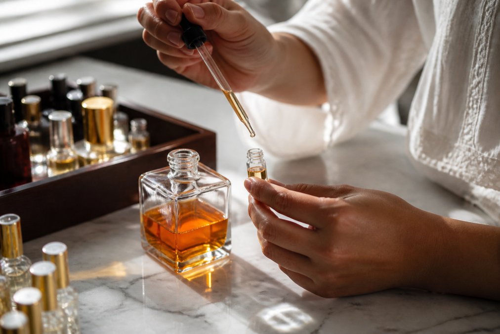 Close-up photograph of hands carefully transferring amber-colored fragrance from a large glass perfume bottle into a small glass vial using a pipette, on a marble countertop with soft window light