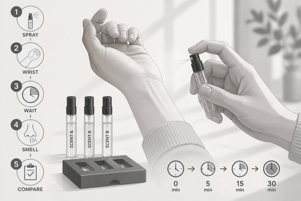 Close-up of hands holding multiple fragrance sample vials with one spray bottle positioned near wrist, showing application technique with natural window lighting and soft blurred background