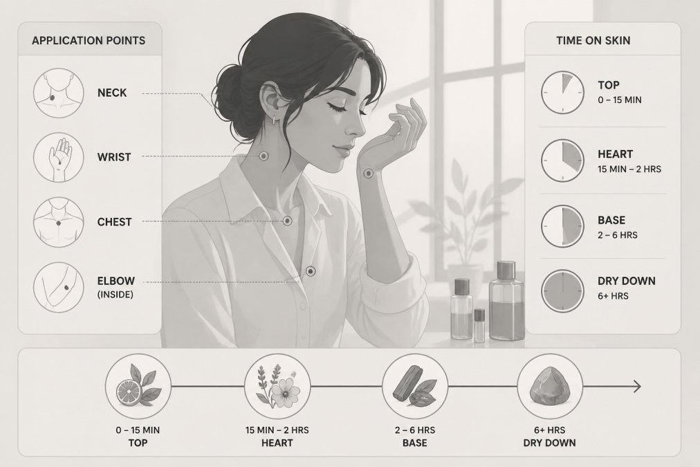 Person in contemplative pose smelling fragrance from inner wrist, showing different application points and time stages with natural afternoon lighting through window