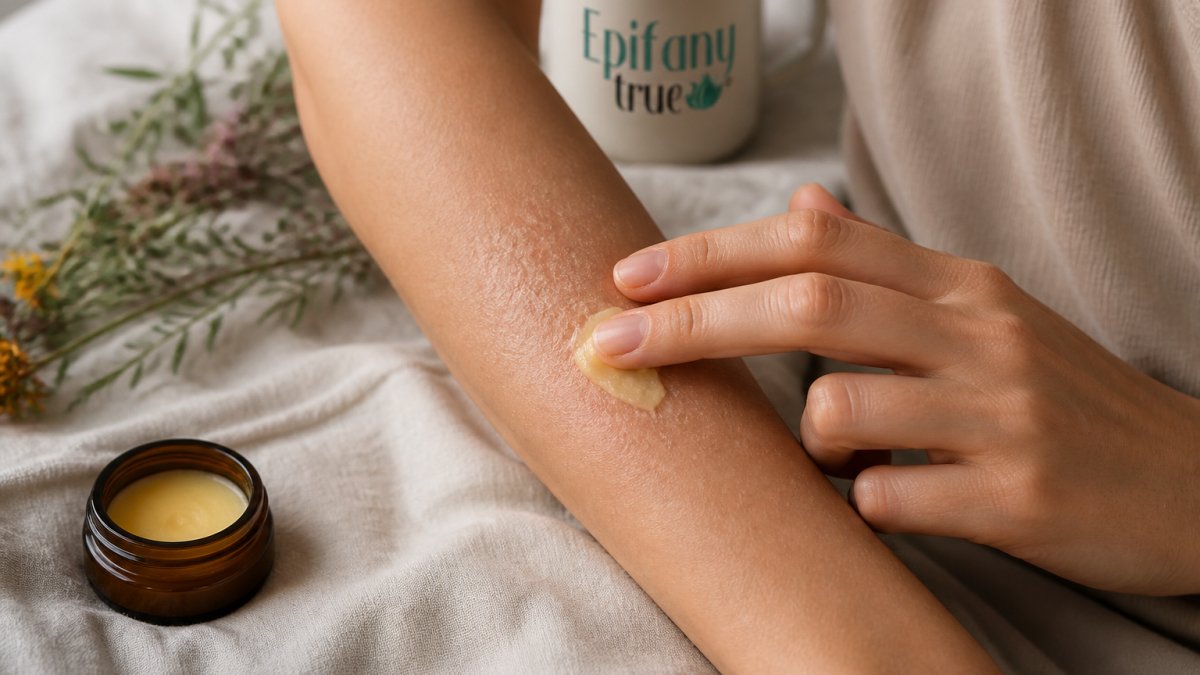 Close-up of a person's hands gently applying a small amount of rich botanical salve to a dry, flaky patch on their forearm, soft natural light, calm and restorative mood, neutral tones