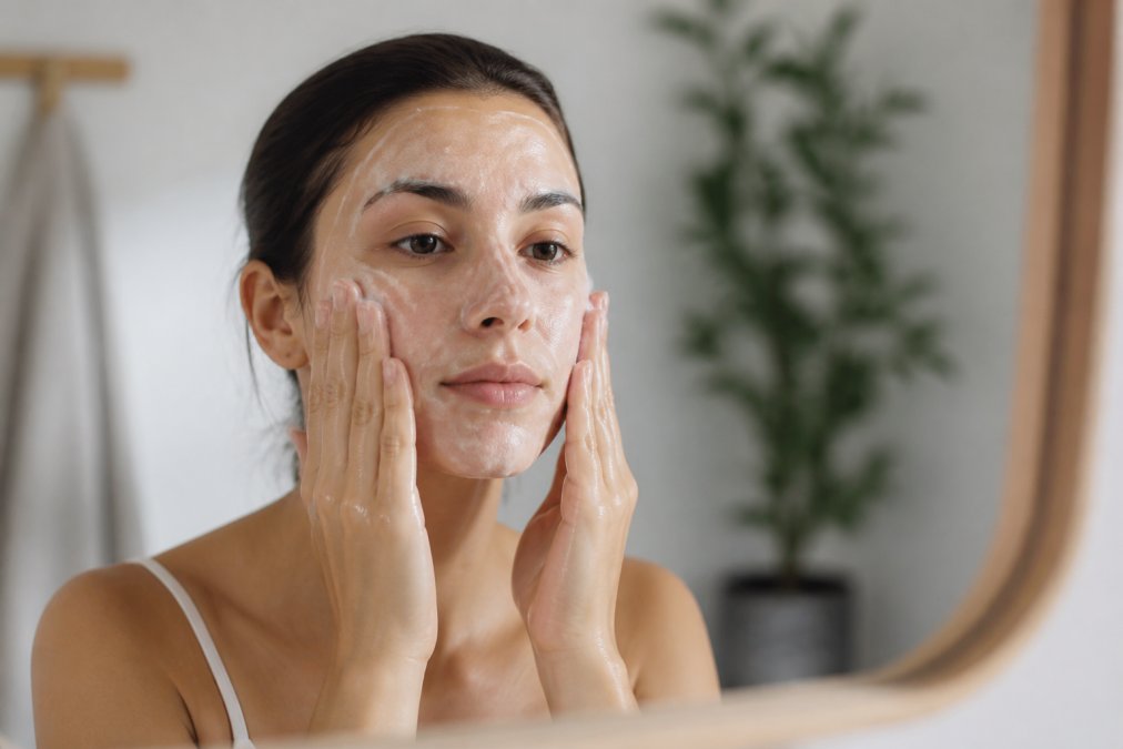 Hands gently applying fragrance-free cleanser to face with soft, minimal pressure and fingertips only, no tools, in soft natural lighting