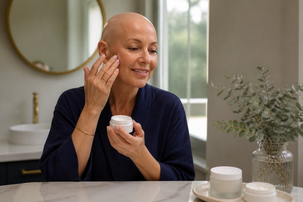 Two cream jars of fragrance free moisturizer on a marble counter with dried eucalyptus and a linen cloth.