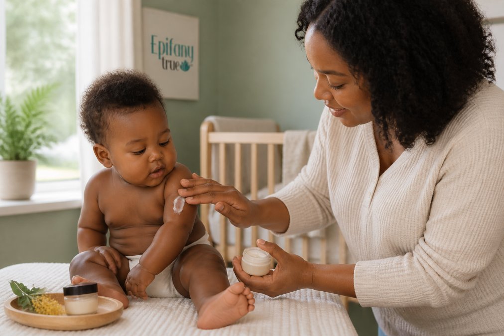 Parent applying fragrance free skincare salve to a baby’s arm in a bright, calm nursery room.