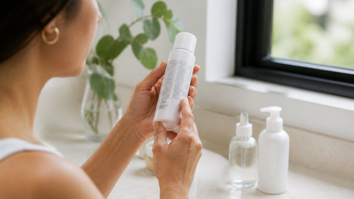 A woman in a calm, sunlit bathroom holding a simple skincare bottle, examining the ingredient label with a soft expression, minimal countertop with two or three unlabeled bottles nearby