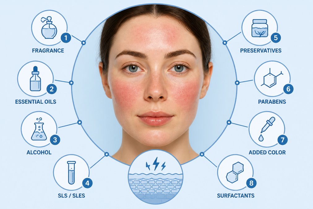 Close-up of a person's face showing visible redness and irritation on cheeks and forehead, natural lighting and calm expression