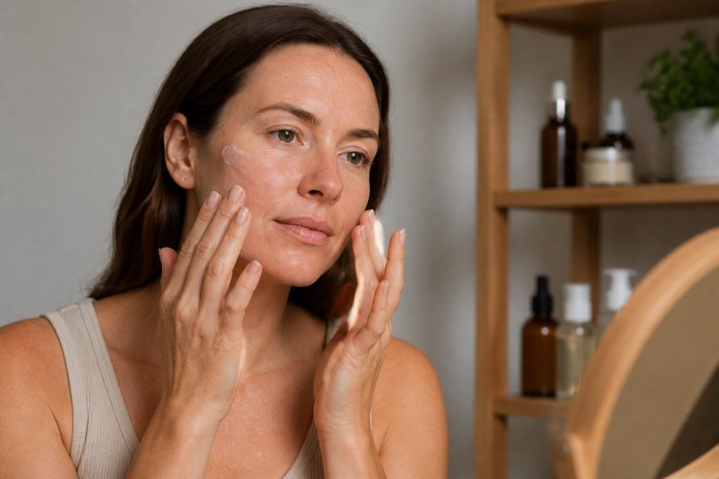 Person applying a gentle, fragrance-free moisturizer to their face with fingertips, calm and focused expression in soft natural light