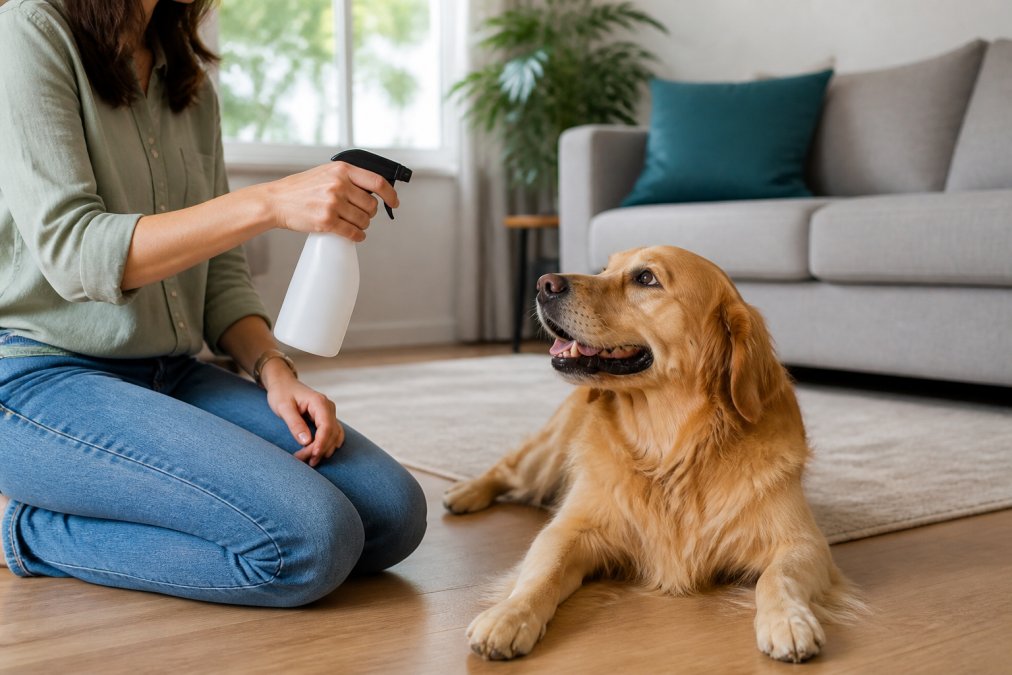 A person holding a spray bottle while a golden retriever sits calmly nearby on a clean living room floor, natural light coming through a window