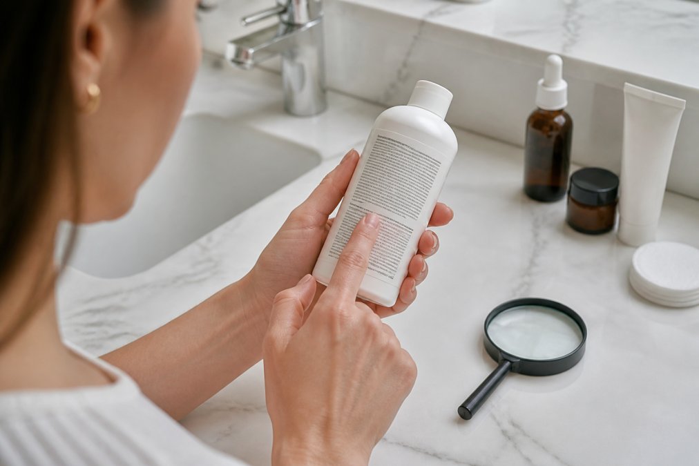 Close-up of a person holding a skincare product bottle and reading the ingredient label in a bright bathroom, with a magnifying glass nearby