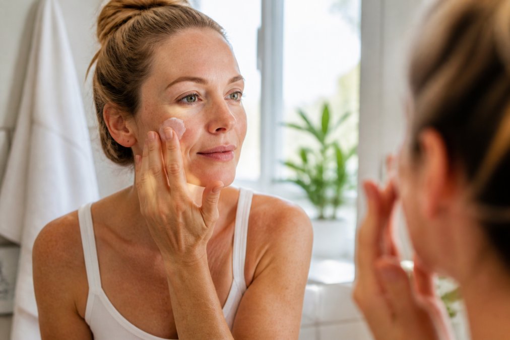A woman with sensitive skin gently applying a small amount of white cream to her cheek in a bright, calm bathroom, soft natural light from a window behind her, her expression peaceful and focused