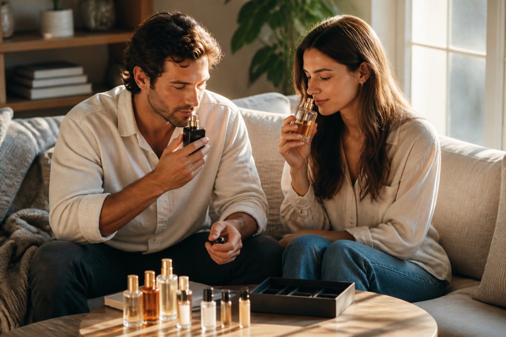 A couple sitting together on a comfortable sofa in natural light, each holding fragrance bottles and smelling them thoughtfully, with soft afternoon sunlight streaming through a window