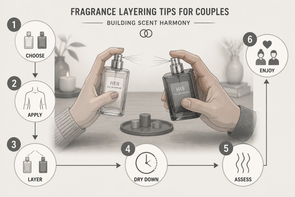 Close-up of two hands holding fragrance bottles over a wooden surface, showing the layering process with soft, warm background lighting and neutral tones