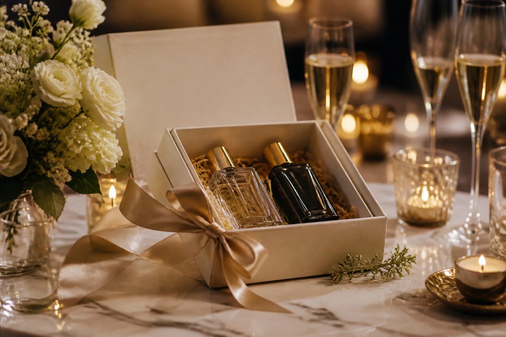 Elegantly wrapped Ruth and Boaz fragrance gift set displayed on a marble surface with engagement party decorations, soft candlelight, and champagne glasses nearby