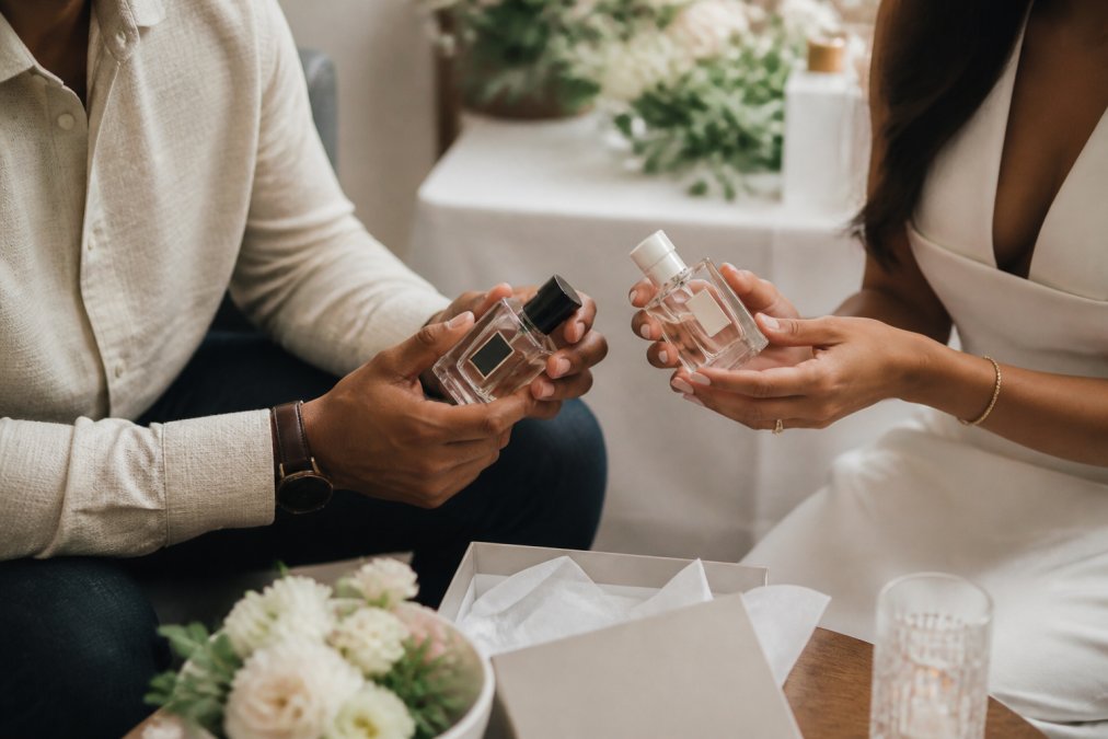A couple's hands holding two complementary fragrance bottles in an elegant interior setting, showing the pairing and presentation of his-and-hers scents with soft natural lighting and subtle engagement party decorations