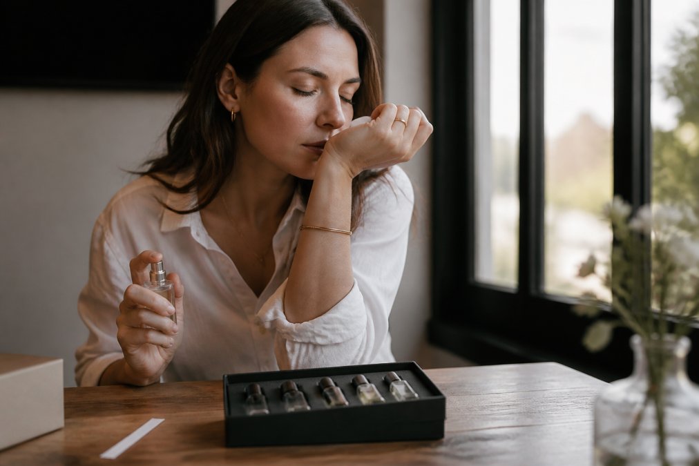 Person carefully testing fragrance on inner wrist, leaning in to smell with eyes closed, natural window light illuminating their face during the evaluation moment