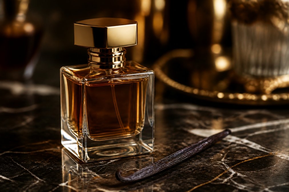 Luxury perfume bottle on dark marble with a vanilla pod to highlight the essence of fragrance vanilla.