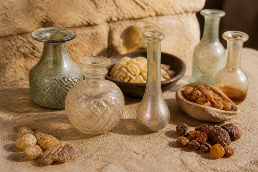 Close-up of ancient glass perfume bottles and aromatic resins arranged on a textured stone surface, with soft natural light highlighting the craftsmanship and intricate details