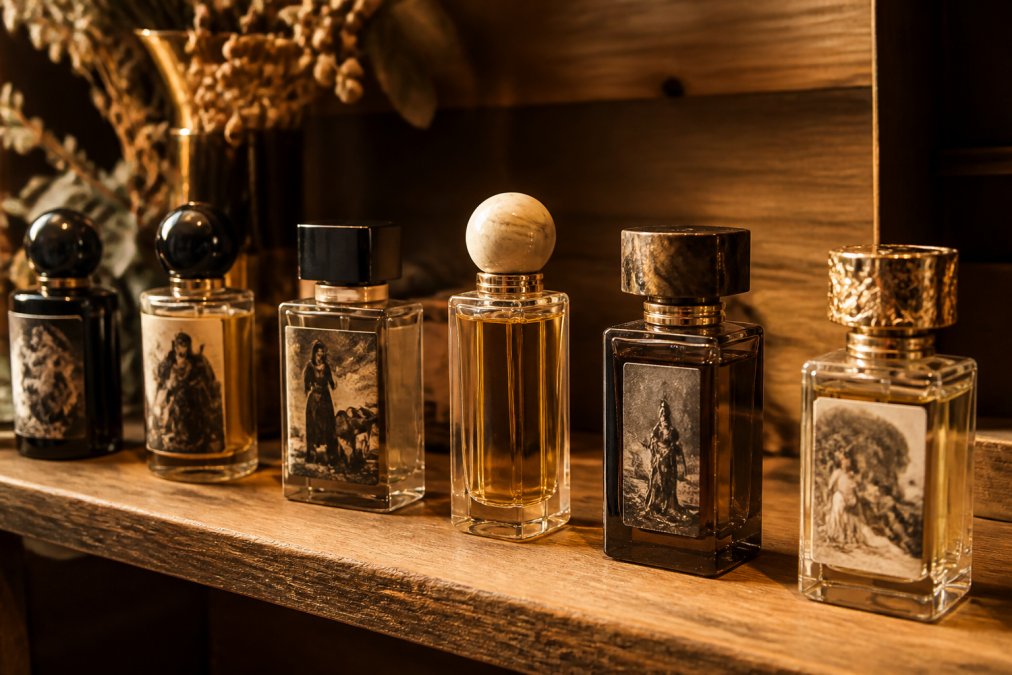 A curated collection of story-driven fragrance bottles displayed on a wooden shelf with warm, golden lighting, showing diverse bottle designs and labels that reflect narrative inspiration and artistry