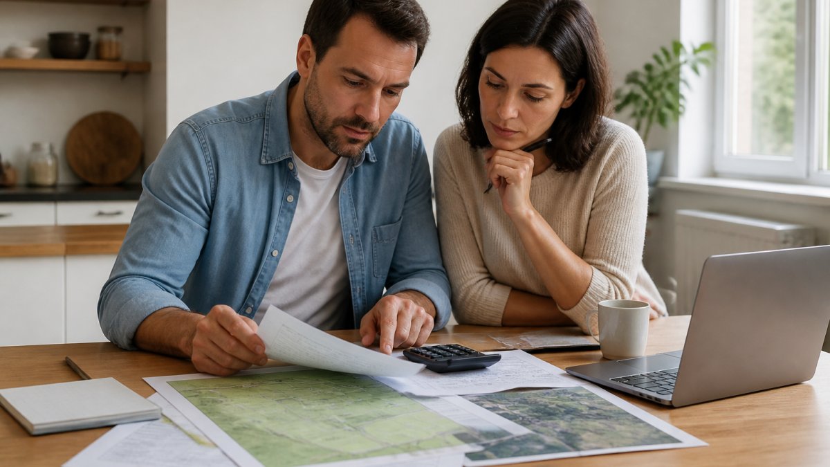 Un couple assis à une table de cuisine avec des documents de terrain, une calculatrice et un ordinateur portable, examinant leur budget d'achat à la lumière du jour