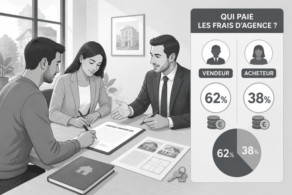 Deux personnes signant un contrat immobilier à une table avec un agent immobilier expliquant les conditions, documents étalés et stylo à la main, lumière naturelle d'une fenêtre