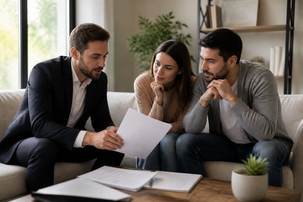 Agent immobilier en discussion avec un couple dans un salon moderne, montrant des documents d'estimation et discutant des conditions, lumière naturelle douce