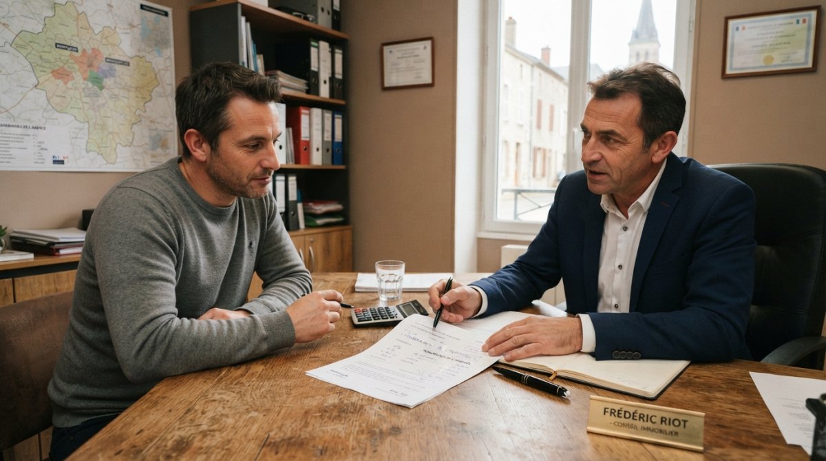 Professionnels discutant des frais agence immobilière Montluçon autour de documents et d'une calculatrice sur un bureau